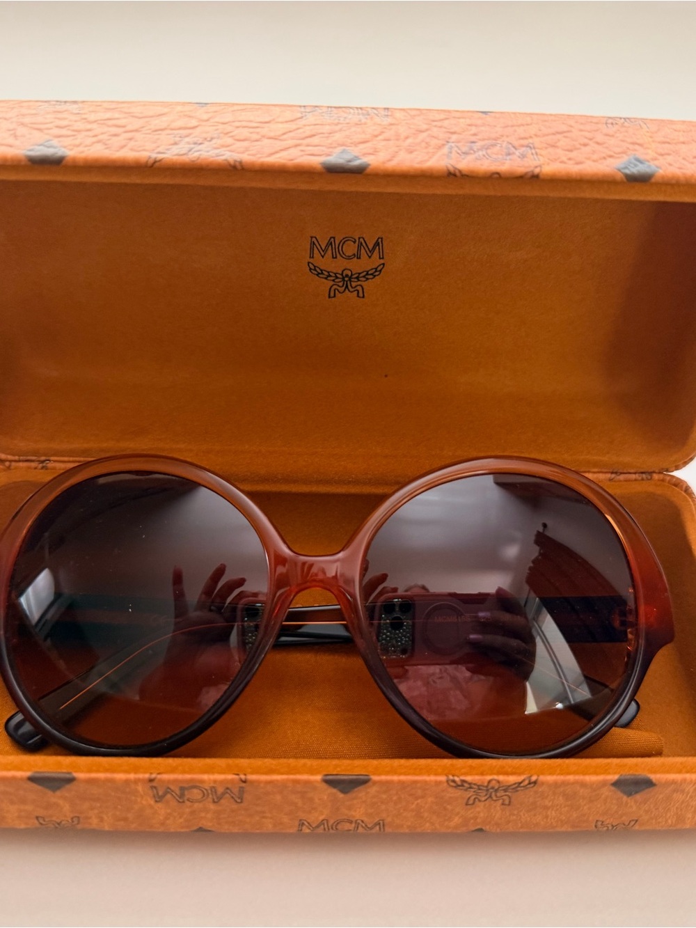 MCM Sunglasses with Cognac Monogram Glasses Case with Gold Logo Plate